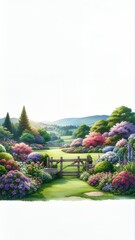 Fototapeta premium Vibrant watercolor painting of a serene garden landscape with a wooden gate leading to a lush green valley and colorful blooming flowers under a bright sky.
