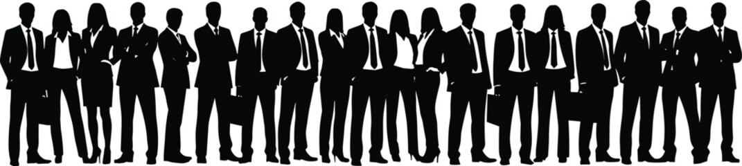 Diverse business team standing together in formal attire, group of professionals silhouette, teamwork unity concept, corporate leadership illustration