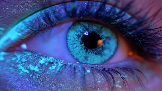 Close up of a human eye with vibrant blue iris under ultraviolet light