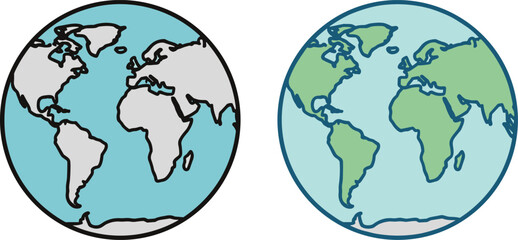 Earth icons, globe comparison, black and white art, map design, Atlantic focus, educational graphic, geography, continents, ocean view, stylized planet, global concept