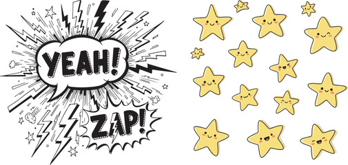 Vector Cartoon Illustration with Comic Exclamations and Cute Yellow Stars