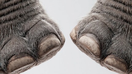 Close-up of pair of grey, textured elephant feet with thick nails on white