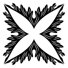Square decorative element with vintage floral motifs. Geometrical design with stylized leaves. Black and white silhouette.