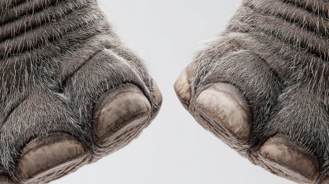 Close-up of pair of grey, textured elephant feet with thick nails on white