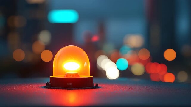 青みの残る夕方、街の灯を背に車の屋根で赤い回転灯が輝く