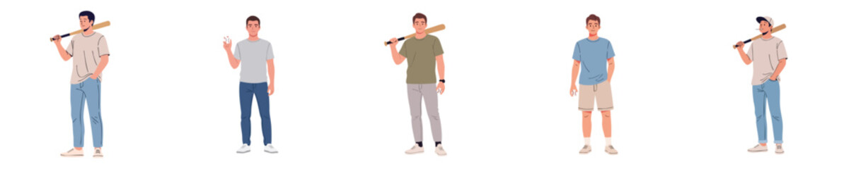 Casual Baseball Characters Vector Flat Design – Young Men Lifestyle Illustration Set