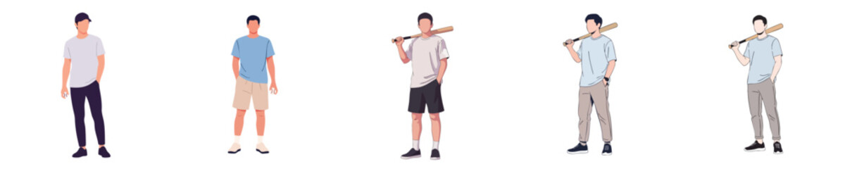 Casual Baseball Characters Vector Flat Design – Young Men Sport Lifestyle Illustration Set