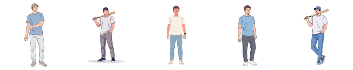 Fototapeta premium Casual Baseball Characters Vector Flat Design – Young Men Sport Lifestyle Illustration Set
