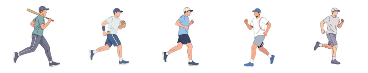 Versatile Flat Illustration Baseball Player Mixed Roles (Batter and Runner) Vector Set