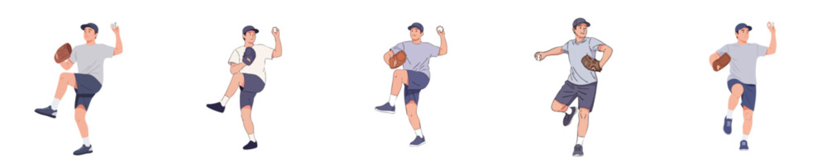 Flat Illustration Baseball Pitcher Training Poses Vector Set for Sports Practice