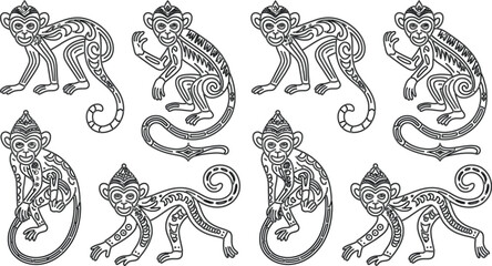 Ornate Monkey Outlines in Black and White Seamless Pattern, Coloring Page Style