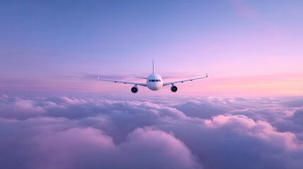 Obraz premium Airplane Flying Above Soft Pink Clouds at Sunrise with a Beautiful Color Gradient in the Sky Creating a Peaceful and Calm Atmosphere for Travelers