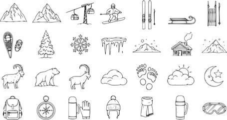 Hand-drawn doodle set of winter and mountain activities, nature elements, animals, and outdoor travel gear icons. A collection of sketch illustrations for seasonal adventures.