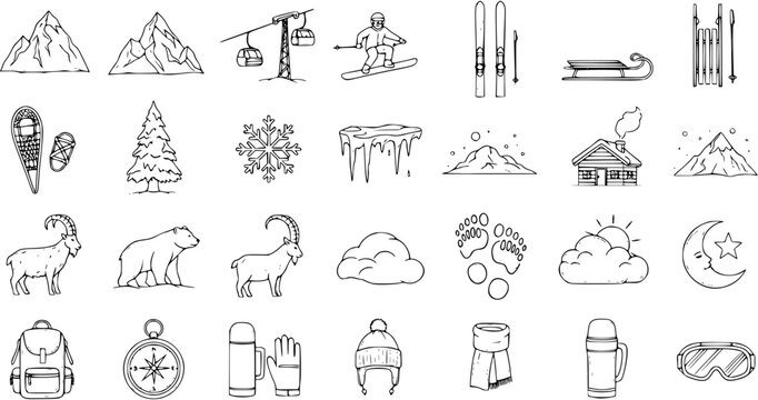 Hand-drawn doodle set of winter and mountain activities, nature elements, animals, and outdoor travel gear icons. A collection of sketch illustrations for seasonal adventures.