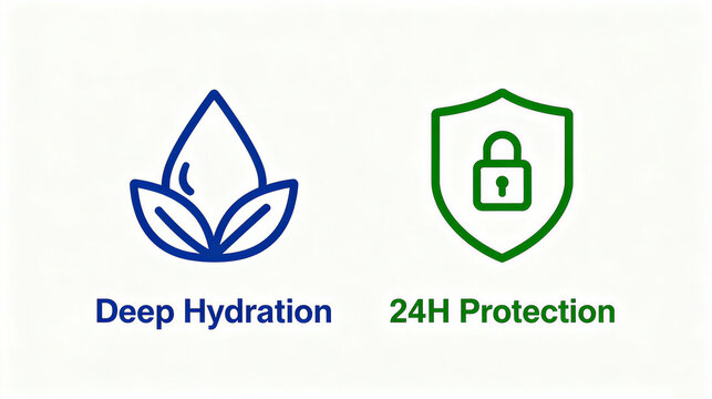Water droplets and lock shields, deep hydration, 24-hour protection and skincare protection concept, suitable for promoting moisturizing skincare products and long-lasting protective materials.
