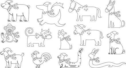 Outlined Cartoon Animals Wearing Santa Hats and Scarves Illustration for Coloring Book Page