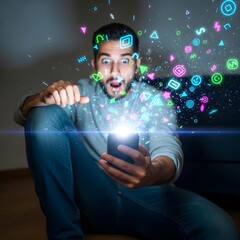 A young man sitting on the floor using a smartphone with colorful digital icons and symbols floating around him, representing technology and social media engagement
