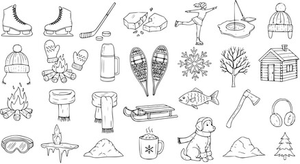Hand-Drawn Winter Season Doodle Elements Set with Ice Skates, Snowflakes, Cabin, and Cozy Outdoor Items
