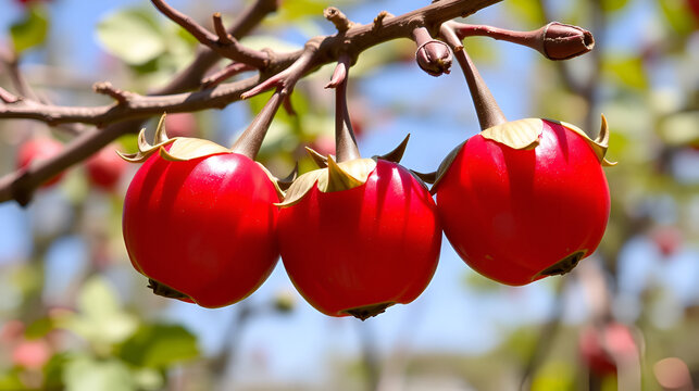 Rosehips in a cluster of branches. Three rosehips shine in the sun, hanging close together. Their shine and the sharpness of their thorns are clearly visible.