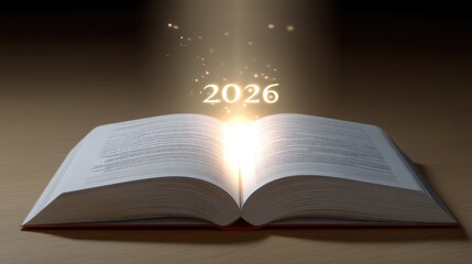 Obraz premium Open Book with Bright Light Emitting Year 2026, Symbolizing Knowledge, Hope, and Future Opportunities in Life and Education Settings