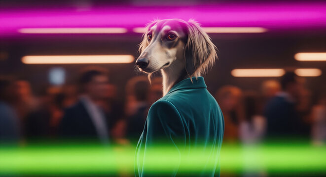 Elegant anthropomorphic saluki dog in a green jacket at a party with vibrant neon lights, cinematic style - Powered by Adobe