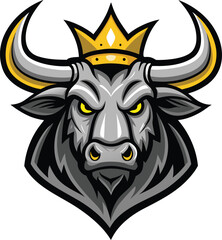 Regal and Aggressive Bull Head Vector Illustration with Golden Crown Emblem for Mascot or Logo Design