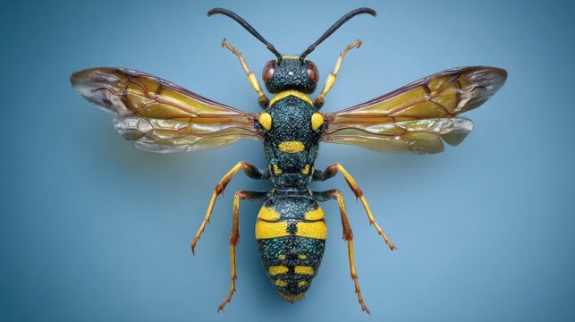 Colorful sawfly with black & yellow stripes, transparent wings, and a blue background