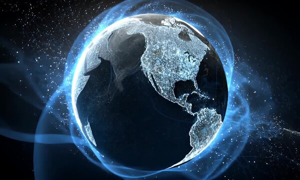 A stylized representation of the planet earth with a digital overlay and film strip borders against a dark backdrop - Powered by Adobe