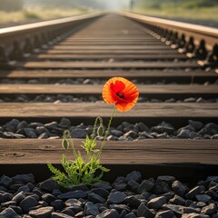 A vibrant red poppy flower growing between railroad tracks with a blurred background of the railway extending into the distance under a clear sky