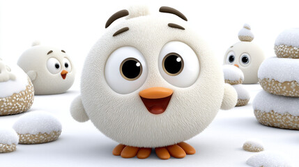 Obraz premium Christmas cartoon bird with big eyes stands on snowy ground surrounded by snow and festive winter treats creating joyful holiday scene