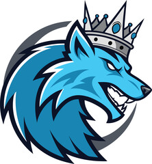 Dynamic illustration of a majestic blue wolf's head wearing a crown, embodying strength and leadership for sports or branding