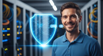 Confident Engineer In Data Center With Digital Security Shield