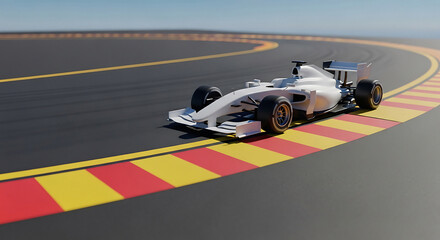 Obraz premium A white formula one race car speeding around a track with red and yellow safety barriers on the side