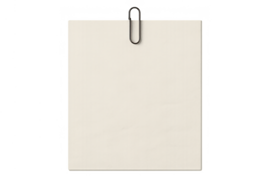 Blank paper sheet with a metal paperclip, ready for text, message, or office document. Transparent background