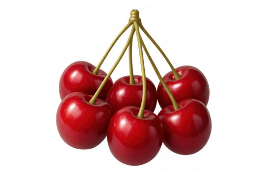 Six ripe red cherries with green stems tied together. Sweet, healthy, and organic summer fruit on a transparent background