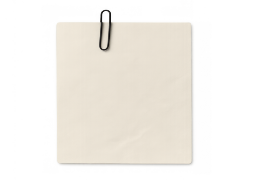 Blank paper secured by a black paper clip, ready for text, message, notice, or important reminder on transparent background - Powered by Adobe