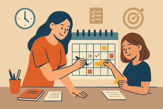 Big Sister Explaining Planner Use Flat Vector Icon