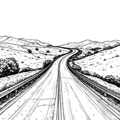 A detailed black and white illustration of a winding road through hills and fields
