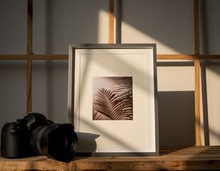 Artistic still life with camera, framed botanical print, and dramatic window light.