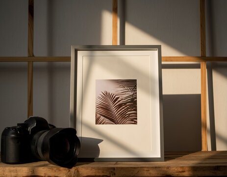 Artistic still life with camera, framed botanical print, and dramatic window light.