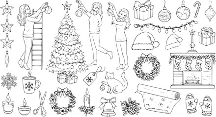 Christmas Holiday Line Art Set with People Decorating Tree, Fireplace, Gifts, Ornaments, Snowflakes, Candles, Mugs, and Festive Elements