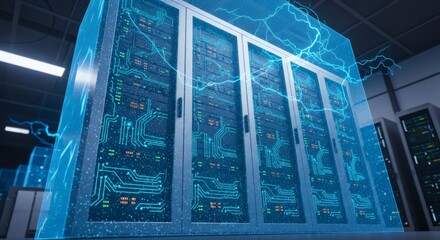 Data Center Servers Rack With Futuristic Energy Effect Visualization