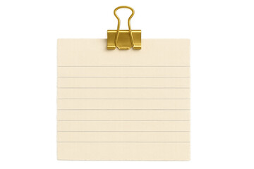 Lined note pad paper sheet with golden binder clip showing blank space and transparent background