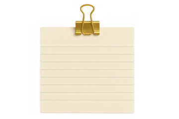 Lined note pad paper sheet with golden binder clip showing blank space and transparent background
