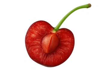 Red cherry half showing pit and stem on transparent background, fresh nutrient-rich sweet fruit