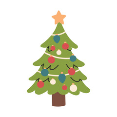 Cute vector illustration of a decorated Christmas tree with colorful ornaments and a star on top. Simple festive holiday design, perfect for greeting cards, stickers, promo and seasonal decorations