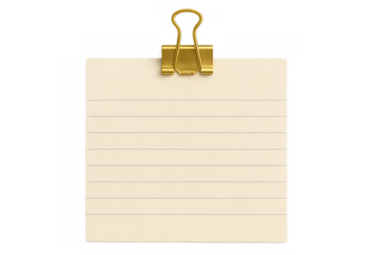 Lined note pad paper sheet with golden binder clip showing blank space and transparent background
