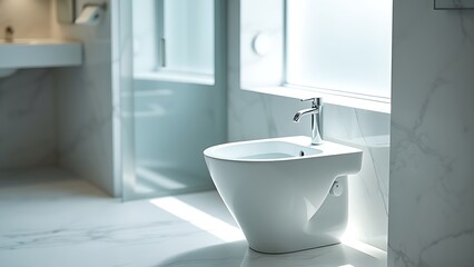 bidet. Minimalist porcelain bidet in a luxury hotel bathroom with soft window lighting. real-estate listings, architecture portfolios, designed for real-estate listing and luxury residence showcases.