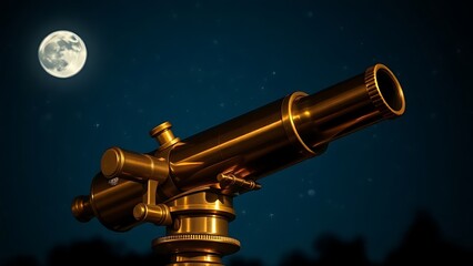 telescope. Antique brass telescope pointed at starry night sky, a vintage scientific instrument. STEM education sheets, lab safety posters, designed for STEM education and laboratory safety posters.