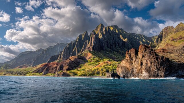 Rugged cliffs meet the ocean under a cloudy sky; serene scenic landscape